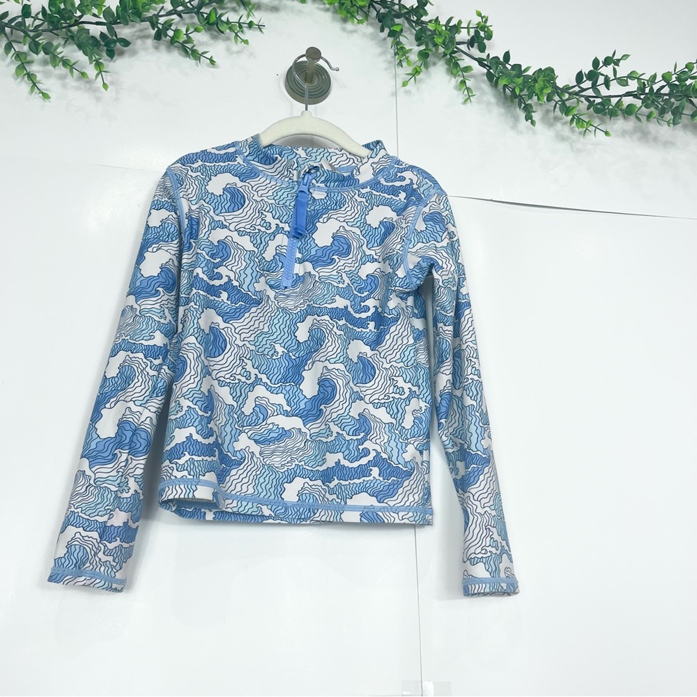 Ruffle Butts Blue and White Wave Print swim Top size 6
